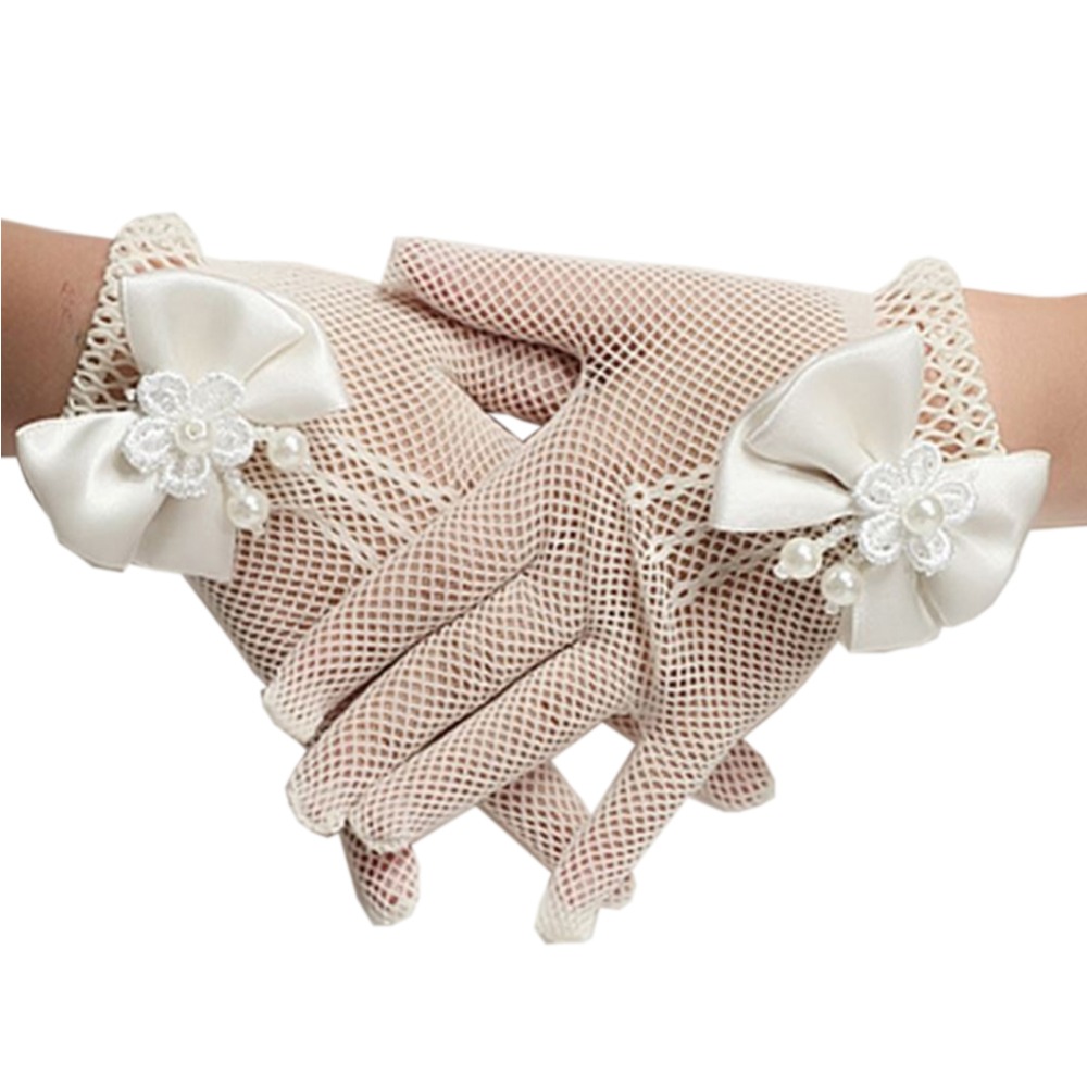 Children's wedding flower girl white beige dress gloves girls mesh elastic glove bride gloves