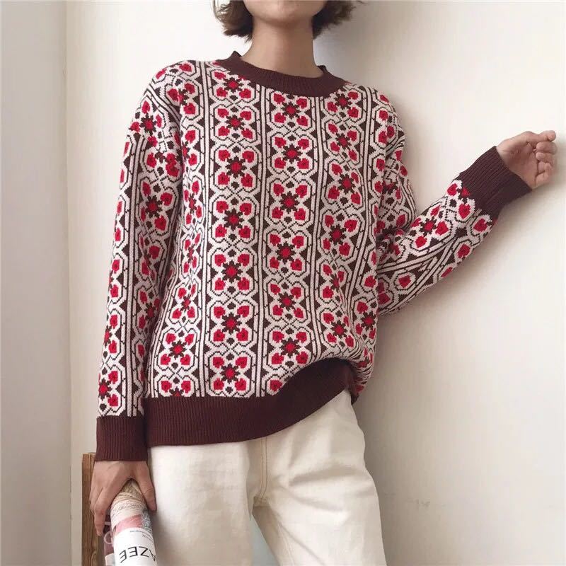 Vintage Sweet Multicolored Plaid Jacquard Knit Sweater Women Loose Long Sleeve Ladies Pullovers Casual Pull Femme C-424 201224