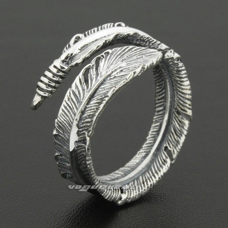 Size Adjustable 925 Sterling Silver Feather Mens Rocker Ring