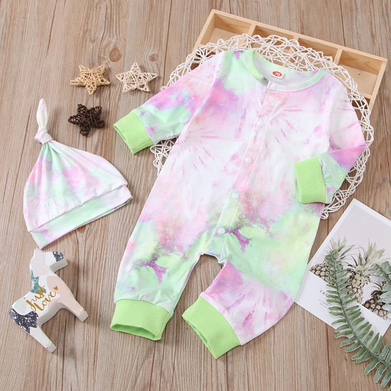 Tie Dyed Baby Romper Long Sleeve Infant Girls Jumpsuit Hat 2pcs Sets Causal Newborn Climbing Clothes Boutique Baby Clothing 10 Color DW5945