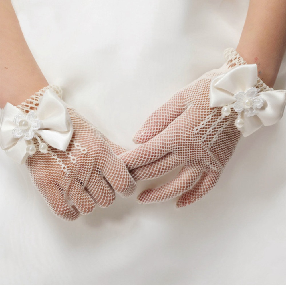 Children's wedding flower girl white beige dress gloves girls mesh elastic glove bride gloves