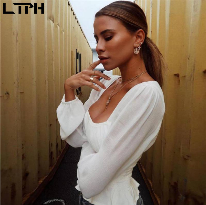 female summer new square collar shirt lantern sleeves long sleeves waist short chiffon white shirt womens tops and blouses