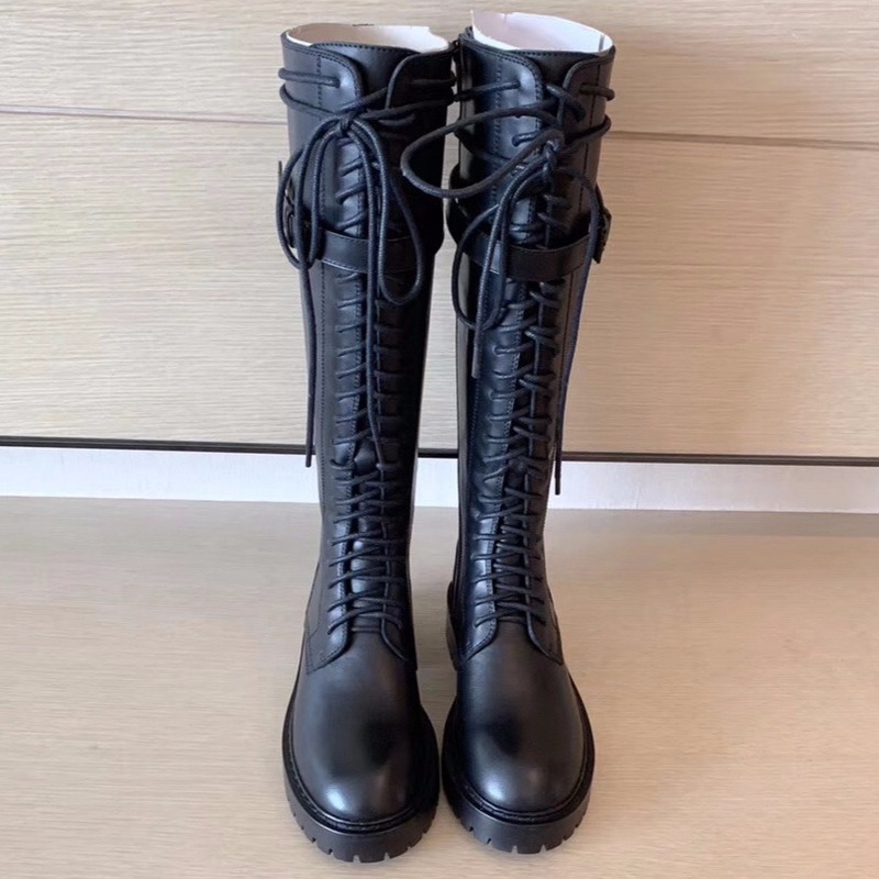 2020 Woman Boots Warm PU Rubber Boots for Women Luxury Knee High Lace-Up White Adjustable Shoes for Women R11-18, Black