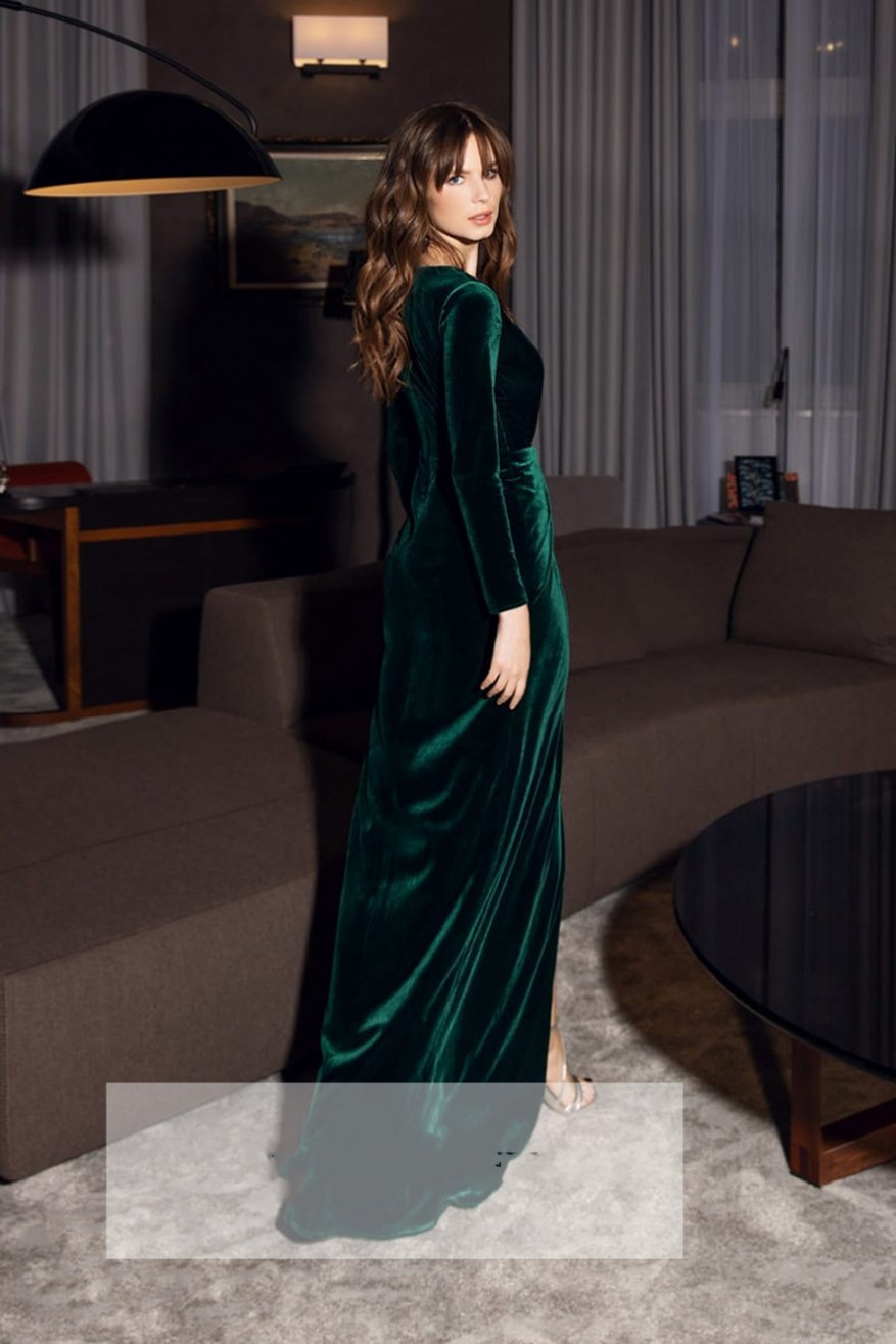 Dark Green Mermaid Slit Evening Dress Long Elegant Velour Prom Dress V Neckline Party Gowns Vintage Formal Dress Abiye Gece Elbisesi