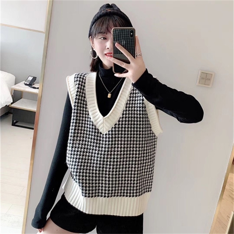 Angora Wool Knit Vest Sweater Women Winter Korean Vintage Houndstooth Geometric Plaid V Neck Sleeveless Pullover Jumper Top 200918