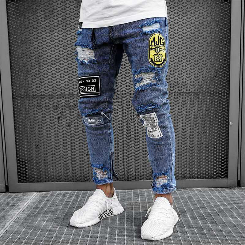 2020 Men Breathable Ripped Jeans Spring Autumn Male Personalized Badge Decoration Mid Waist Elastic Slim Long Trousers, Blue
2020 Men Breathable Ripped Jeans Spring Autumn Male Personalized Badge Decoration Mid Waist Elastic Slim Long Trousers, Blue