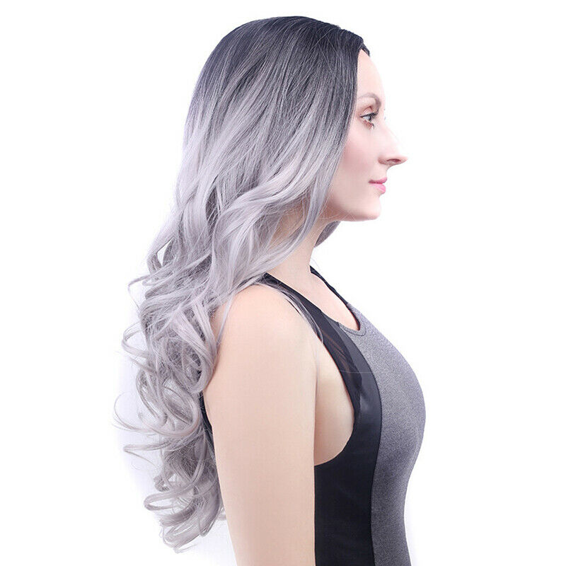 Ladies Wig Gradient Grey Long No Lace Front Wigs Synthetic Hair Daily Party Prop