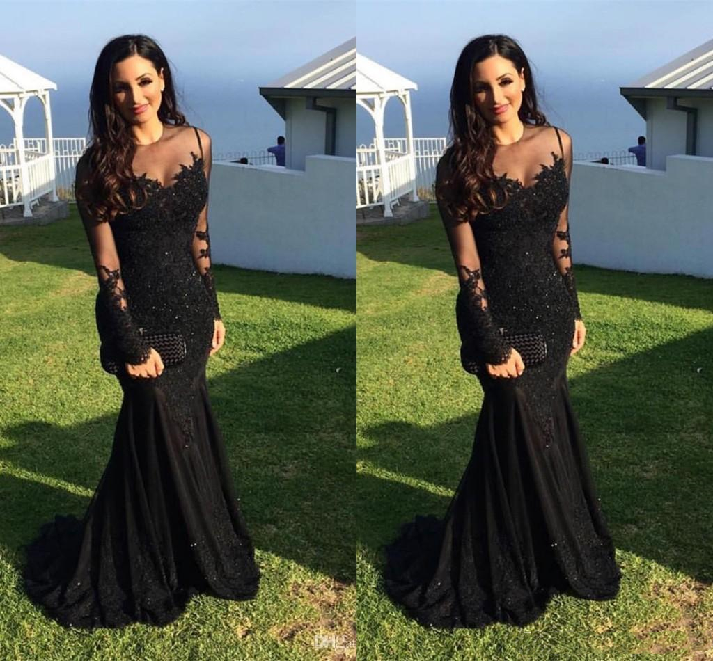 Sexy Arabic Dubai Women Black Mermaid Evening Dresses Illusion Long Sleeve Appliques Lace Beads Formal Event Wear Prom Party Dress Plus Size