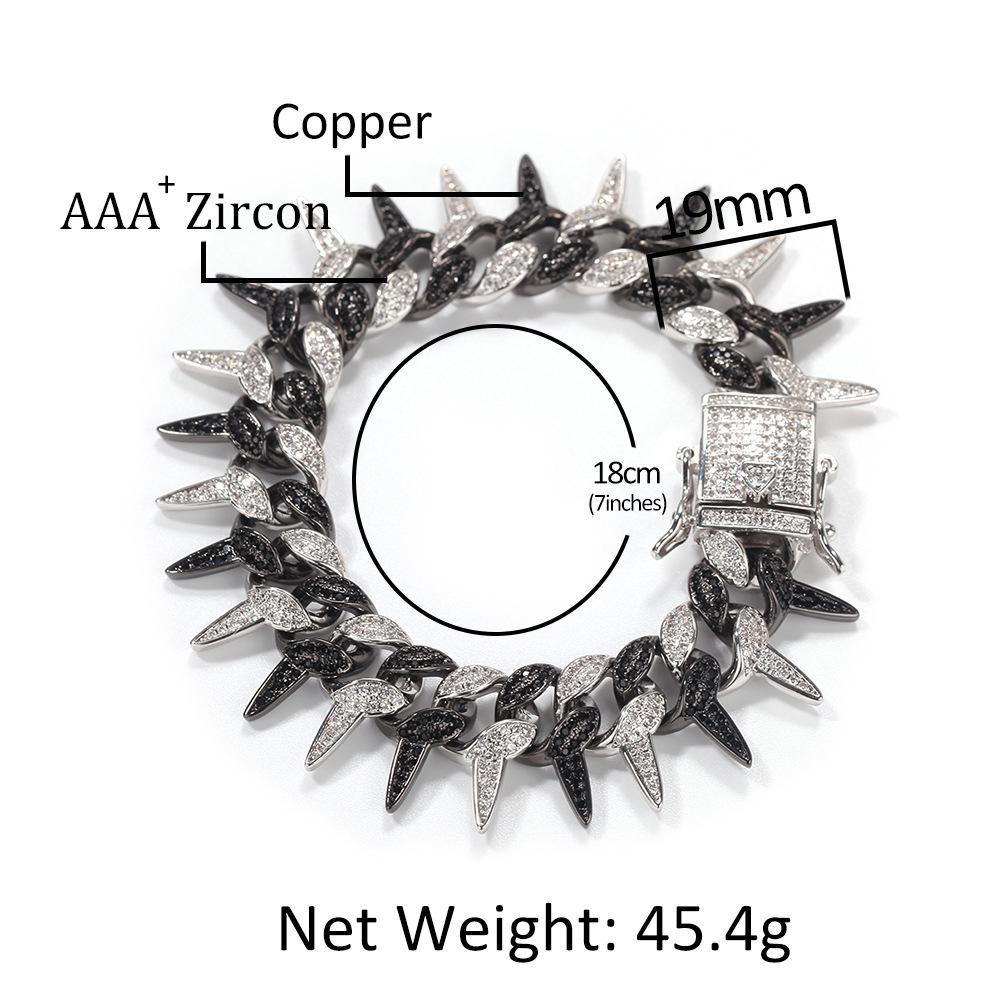 19mm Rapper Wristband Chains Bracelets for Men Women Hop Hop Punk White Gold Black Iced Out Cubic Zirconia Spike Cuban Link Chain Bracelet