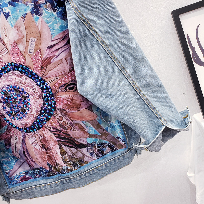 Women Denim Jacket feminine Spring Autumn Boho Sequin Floral Appliques Embroidery Coat Long Sleeve Outerwear Female Veste femme 200919