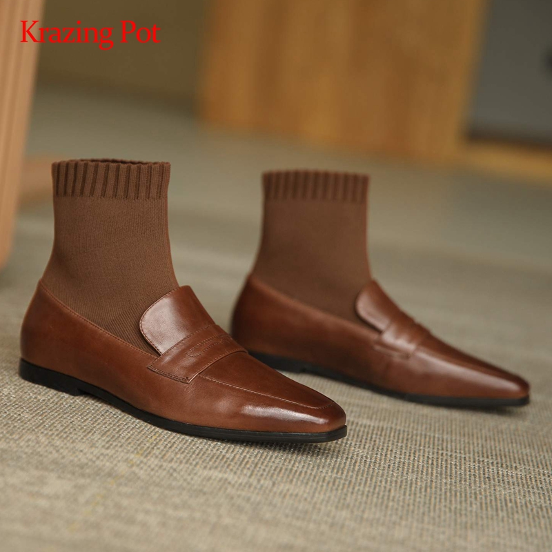 Krazing pot sock boots natural leather knitting preppy design square toe thick low heel slip on dating maiden ankle boots L12, Black
Krazing pot sock boots natural leather knitting preppy design square toe thick low heel slip on dating maiden ankle boots L12, Black
