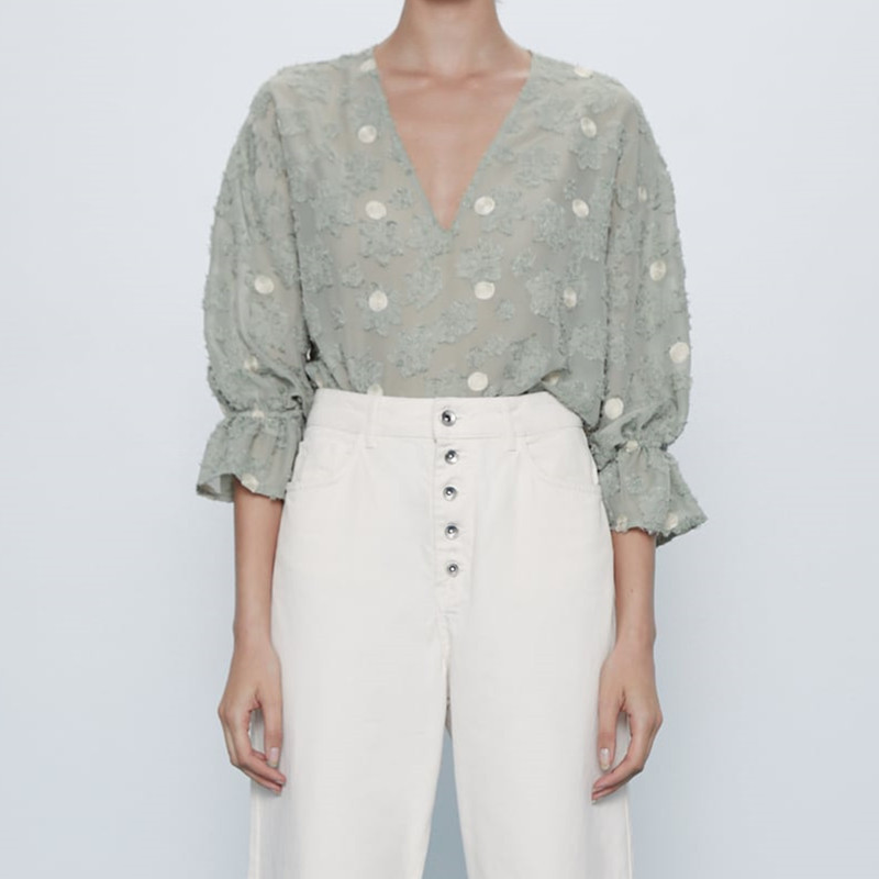 Semi-sheer Summer Shirt Women 2020 V-neck Ruffled Elastic Cuffs Top Female Polka Dot Blouse Elegant Textured Weave Shirts, As picture
Semi-sheer Summer Shirt Women 2020 V-neck Ruffled Elastic Cuffs Top Female Polka Dot Blouse Elegant Textured Weave Shirts, As picture