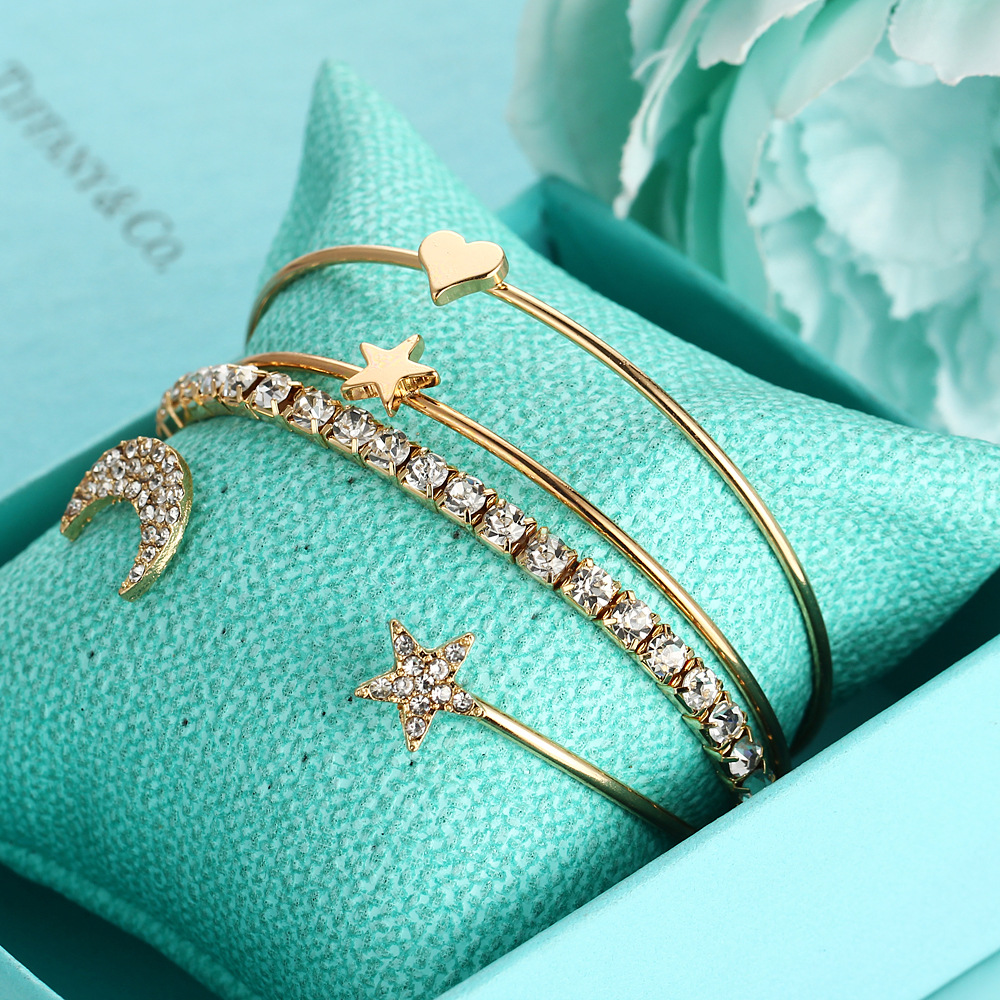 4PC/Set Womens Fashion Gold Bangle Open Cuff Bracelets Jewelry Moon Stars Cuff Bracelets Bangles Simple Gifts