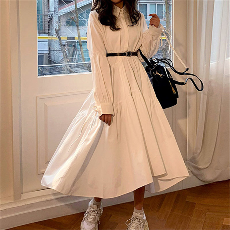 Women Dress Long Sleeve Spring Autumn Vintage Collar Lapel Button Up Ruched Ruffles Loose White Dress Female Clothes 200928