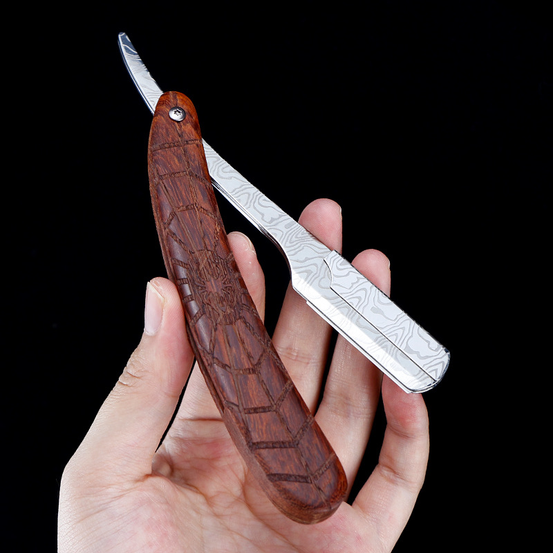Damascus Pattern Stainless Steel Folding Razor Spider Rosewood Grain Handle Men's Facial Shaver Straight razor Holder G0722