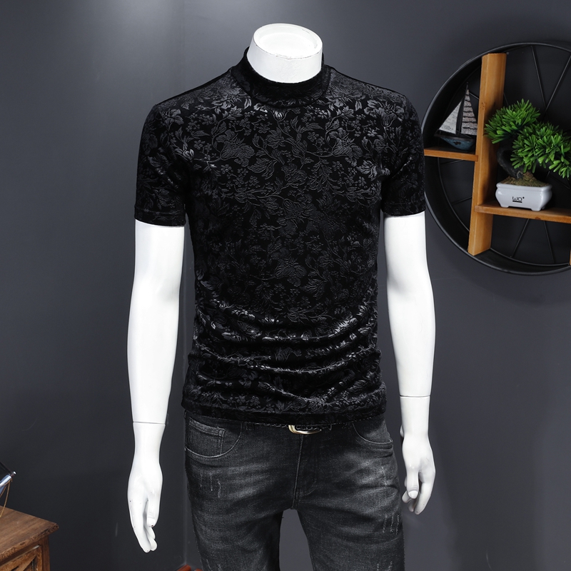 2020 men's gold velvet high-neck bottoming shirt plus velvet thick short-sleeved T-shirt winter half-sleeved in the tide small shirt