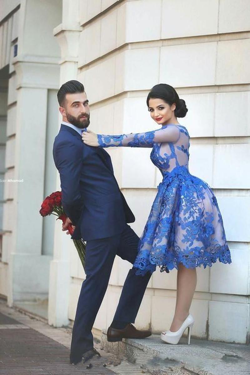 Royal Blue Evening Dresses Long Sleeves Knee-length 3D Floral Appliques 2021 jewel neck prom homecoming dress Vestido De Festa