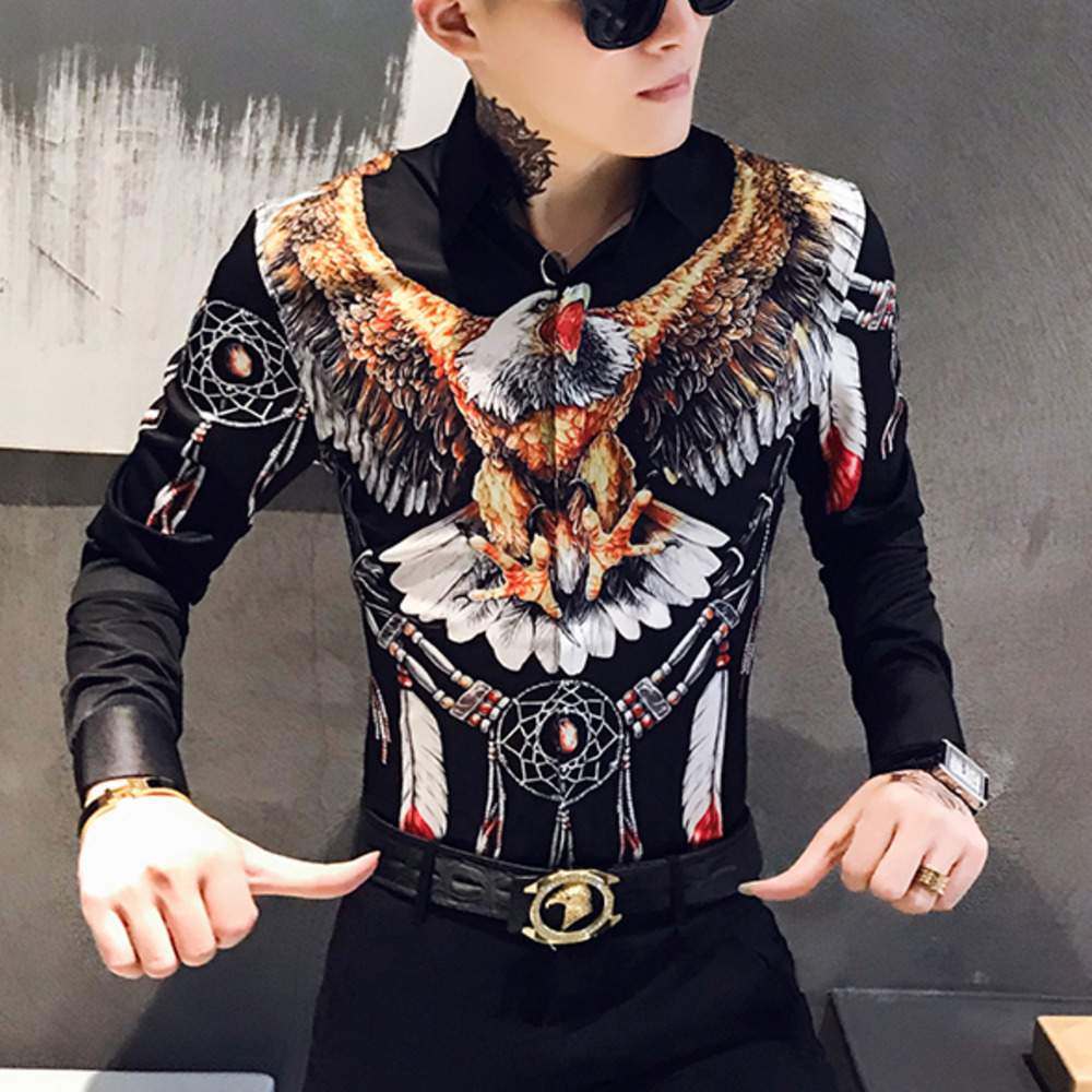 3D Eagle Print Men Shirt Dress Long Sleeve Casual Slim Fit Mens Social Shirts Night Club Bar Streetwear Clothes Camisa 200925