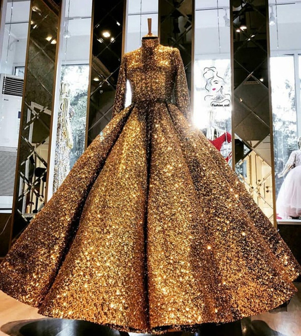 Ball Gown Woman Party Night Evening Prom Dresses 2021 sparkly Muslim caftan rose Gold Long sleeve Plus Size arabic prom Dresses