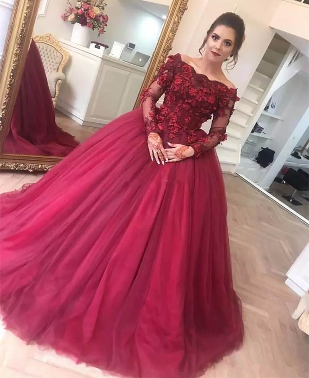 Dark Red Evening Dresses Ball Gown Off the Shoulder Sheer Long Sleeves Lace Flowers Tulle Plus Size Party Prom Evening gown