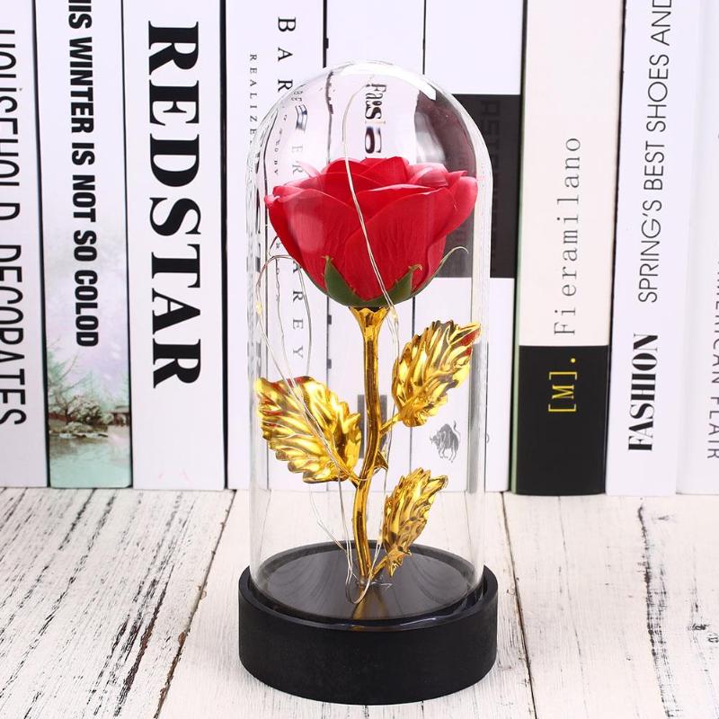 Soap Rose Flower Glass Cover LED Light Valentine'S Day Celebration Anniversary Eternal Rose Flower Imitation Gold Foil