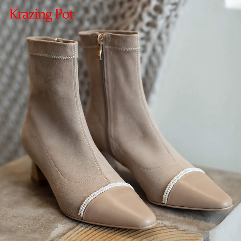 Krazing pot stretch boots real leather mixed cloth pearl decorations small square toe high strange heel slip on ankle boots L37, Black
Krazing pot stretch boots real leather mixed cloth pearl decorations small square toe high strange heel slip on ankle boots L37, Black