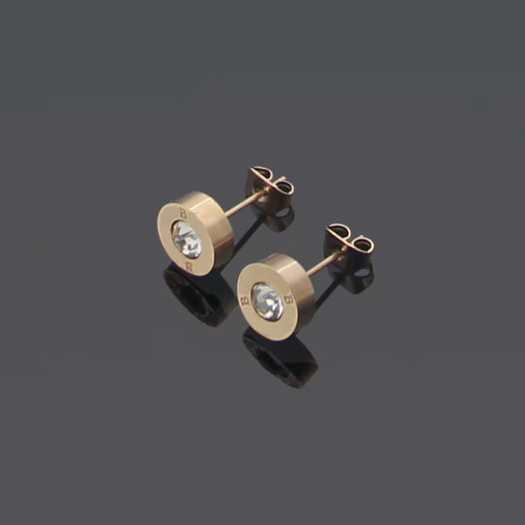 Europe America Style Lady Women Titanium Steel Engraved B Initials Single Diamond Round Stud Earrings 3 Color