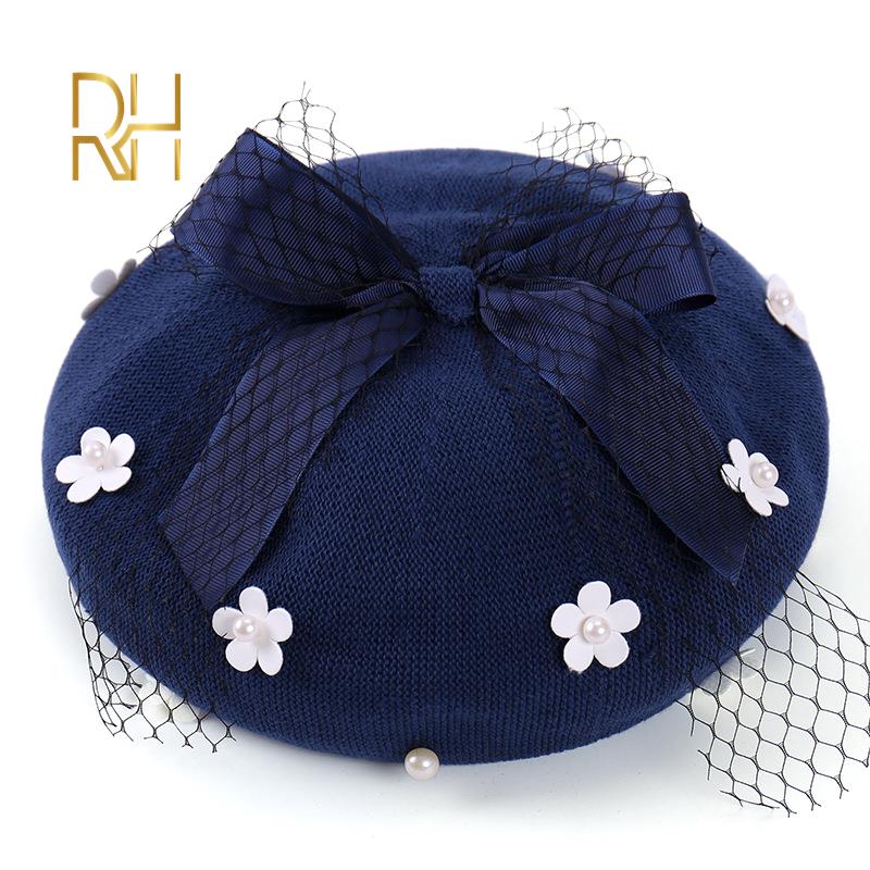 European ladies fashion beret sweet pearl flowers knitted painter hat retro warm cotton yarn beret hat with bow knot, Beige
European ladies fashion beret sweet pearl flowers knitted painter hat retro warm cotton yarn beret hat with bow knot, Beige