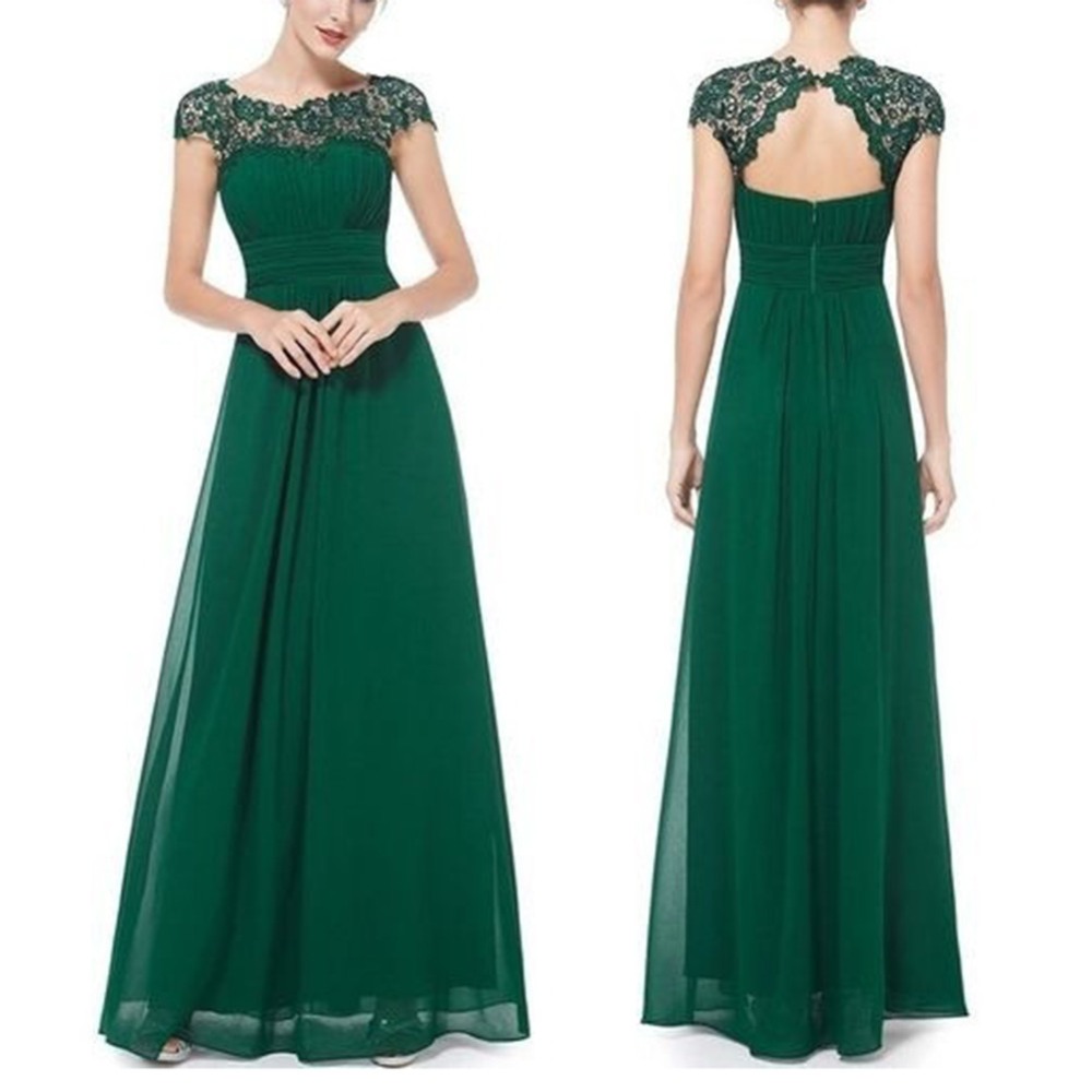 Elegant Evening Dresses New Free Shipping Black Lace Open Back Ruched Bust cap sleeve long chiffon robe de soiree