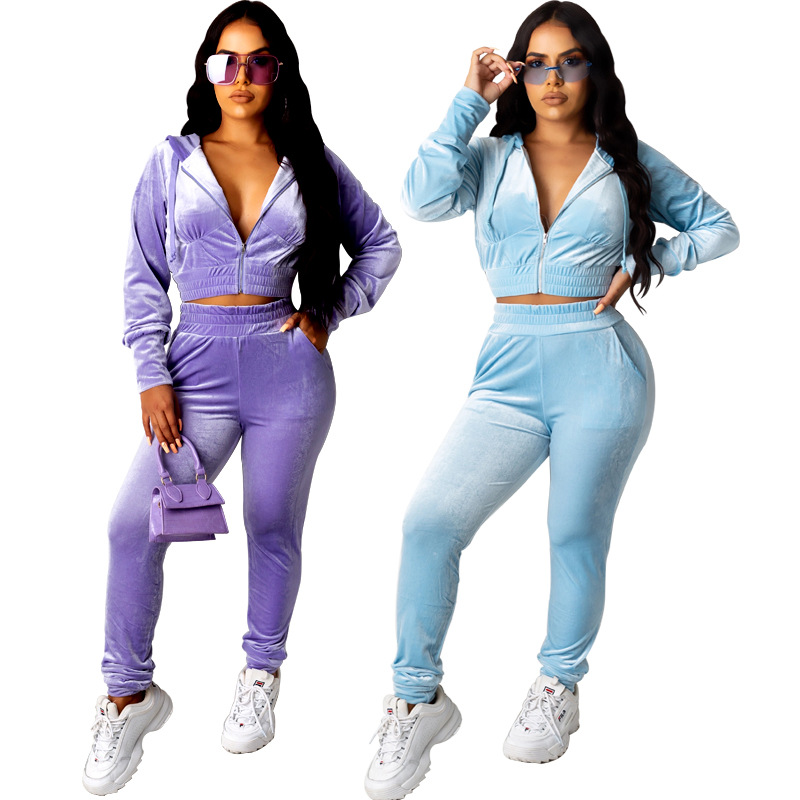 Women 2 Piece Set Hooded Zipper Top Tracksuit Sportwear Pants Velvet Stretch Casual Fitness Outfit Jogger Matching Set Dropshpping2440