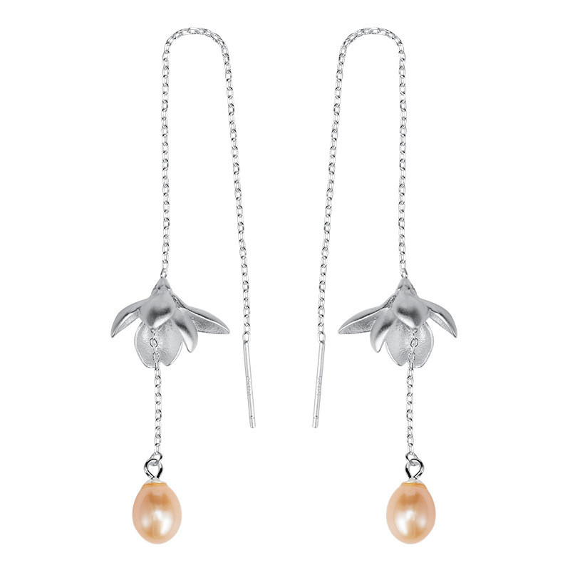 100% 925 Sterling Silver Long Chain Tassel Flower Earrings Female Natural Freshwater Pearl Dangle Drop Earring For Women