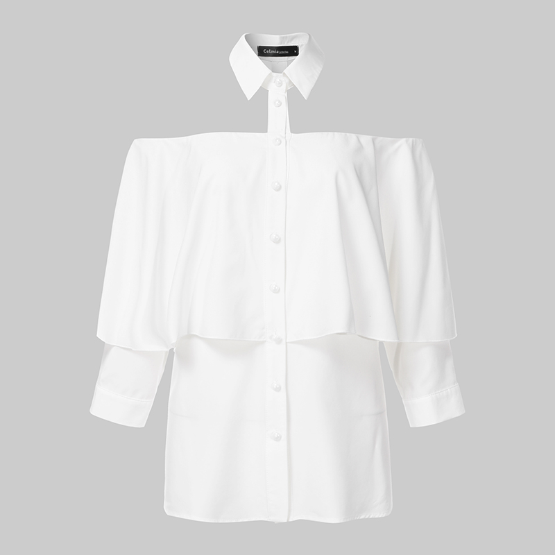 Womens Blouses Shirts Women Cold Shoulder Blouse Celmia Sexy Halter Shirt Summer Ruffles Solid Office Casual Tops Buttons Party Blus AAA