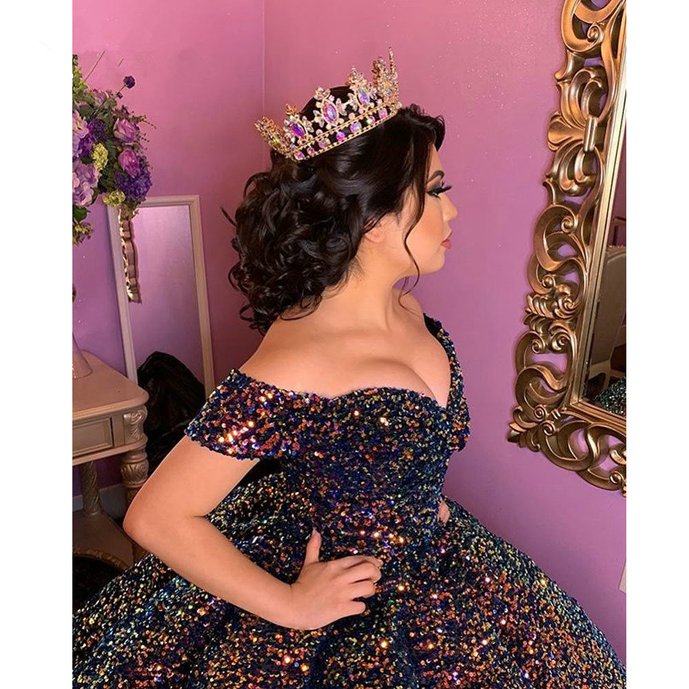 Sparkling Ball Gown Prom Dresses 2021 Candy Color Shiny Sequins Beaded off shoulder Arabic Dubai Evening Wear Dress Puffy Skirt