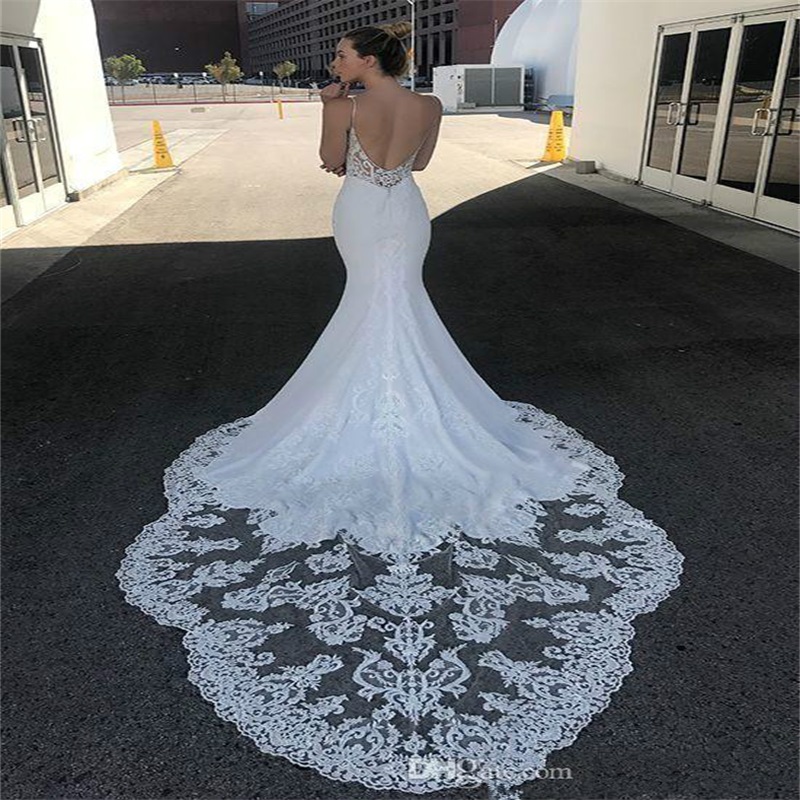 Elegant Spaghetti Straps Lace Mermaid Wedding Dresses Illusion Satin Tulle Applique Court Train Wedding Bridal Gowns Vestidos De Novia