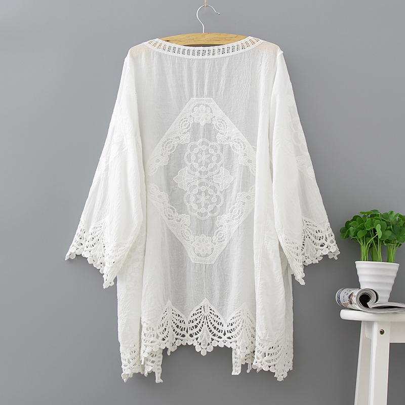 Women's Knits & Tees Qiukichonson Women Summer Cardigan White 2021 Bohemian Sweet Ladies Lace Cardigans Long V-Neck Hollow Out Crochet Embro