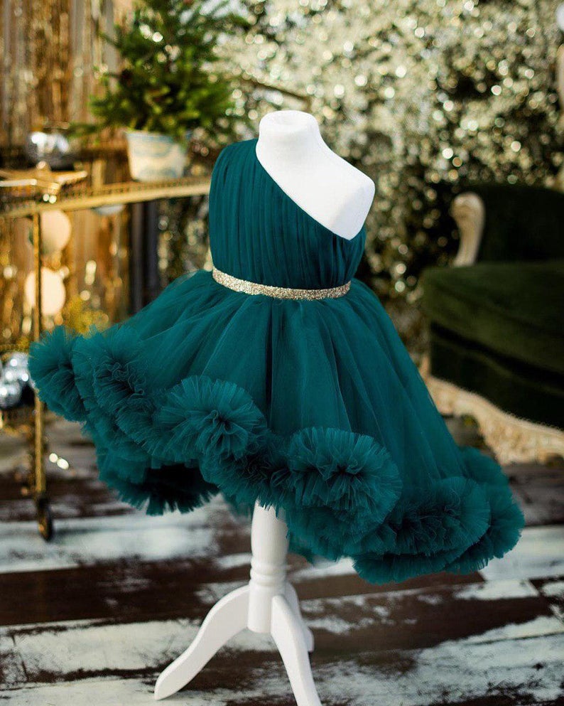 Hi-lo Hunter Green Girl's Pageant Dresses Ruffle One Shoulder Girls Birthday Party Gowns Custom Made Pleats Flower Girl Dress