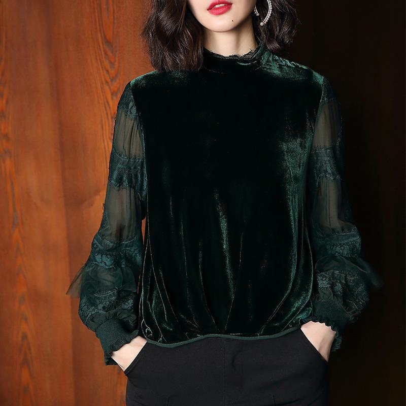Gold velvet stitching lace blouse women 2020 autumn new shirt stand-up collar long-sleeved bottoming shirt, Green
Gold velvet stitching lace blouse women 2020 autumn new shirt stand-up collar long-sleeved bottoming shirt, Green