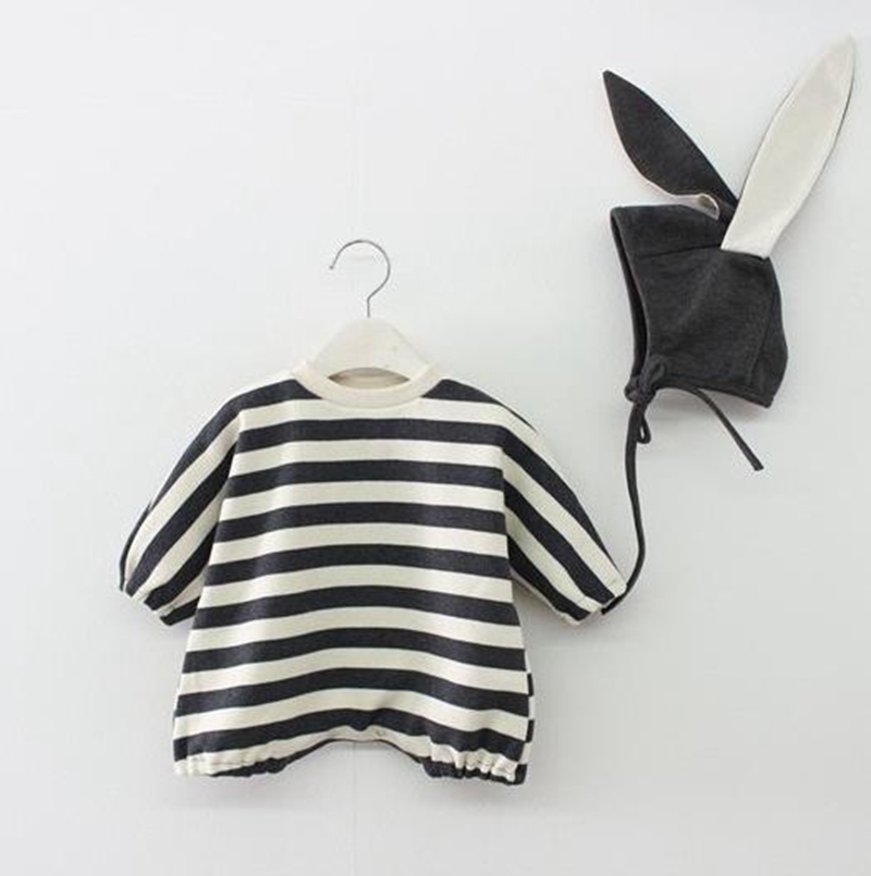 Baby Loose Romper Striped Baby Girl Bunny Romper Rabbit Hat 2pcs Sets Newborn Boy Jumpsuits Autumn Boutique Baby Clothing BT5878