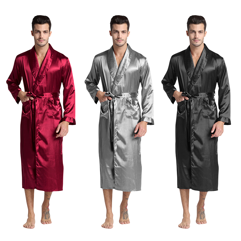 Tony&Candice Men's Silk Satin Bathrobe Robe Long Solid Silk Pajamas Men Silk Nightgown Sleepwear kimono homme Dressing Gown 200919