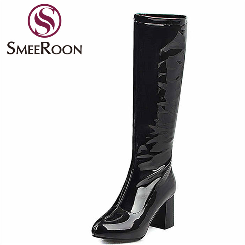Smeeroon big size 34-43 fashion knee high boots round toe zip autumn winter boots patent leather elegant ladies prom 2020, Black 
Smeeroon big size 34-43 fashion knee high boots round toe zip autumn winter boots patent leather elegant ladies prom 2020, Black