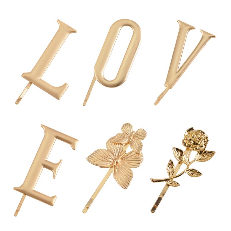 Wedding Shiny Gold Metal Bobby Pins Love Butterfly Rose Minimalist Hair Clips
