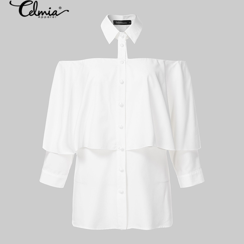 Womens Blouses Shirts Women Cold Shoulder Blouse Celmia Sexy Halter Shirt Summer Ruffles Solid Office Casual Tops Buttons Party Blus AAA