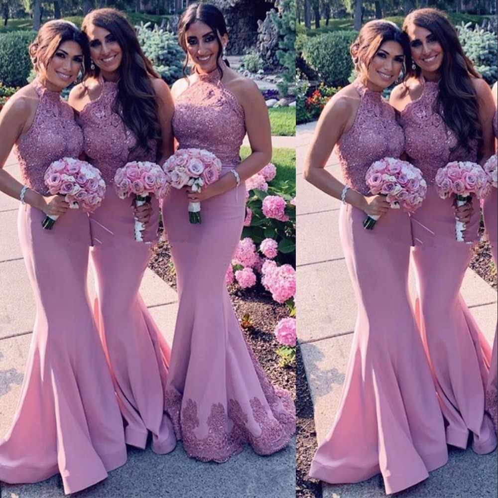 Cheap Arabic African Pink Mermaid Bridesmaid Dresses Halter Lace Appliques Crystal Beads Sleeveless Wedding Guest Gowns Maid Of Honor Dress