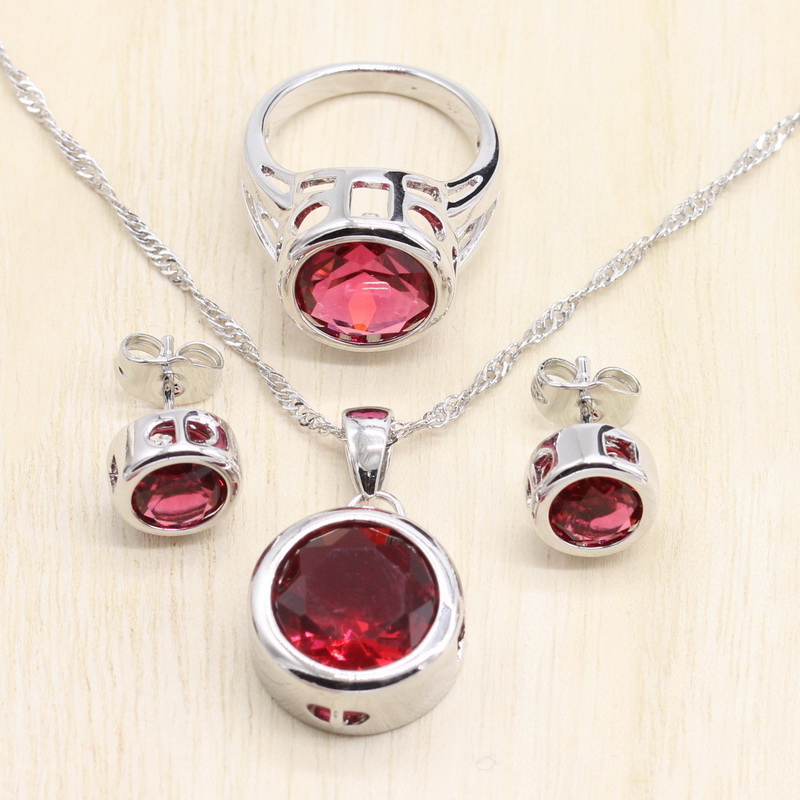 Round CZ Stones Wedding Silver Color Jewelry Sets Pendant Necklace Stud Earrings Rings For Women Jewelery, As pic