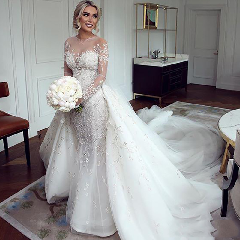 Chapel Mermaid Wedding Dresses With Detachable Train Lace Appliques Illusion Long Sleeves Bridal Wedding Gowns Open Back Vestido de Noiva