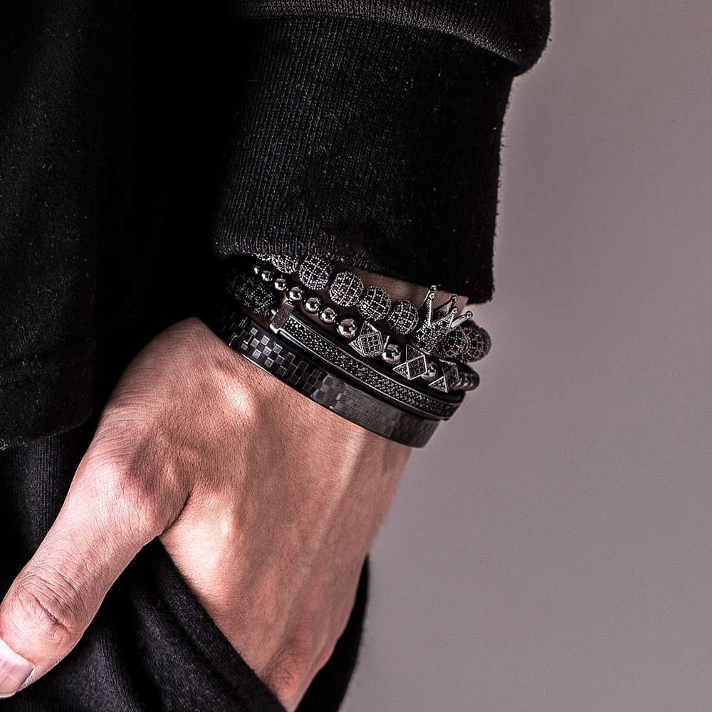 Luxury Gold Braided Adjustable Bracelet Men Male Beads Crown Black Cz Zircon Charm Stainless Steel Jewelry Gift Valentine's Day Christmas