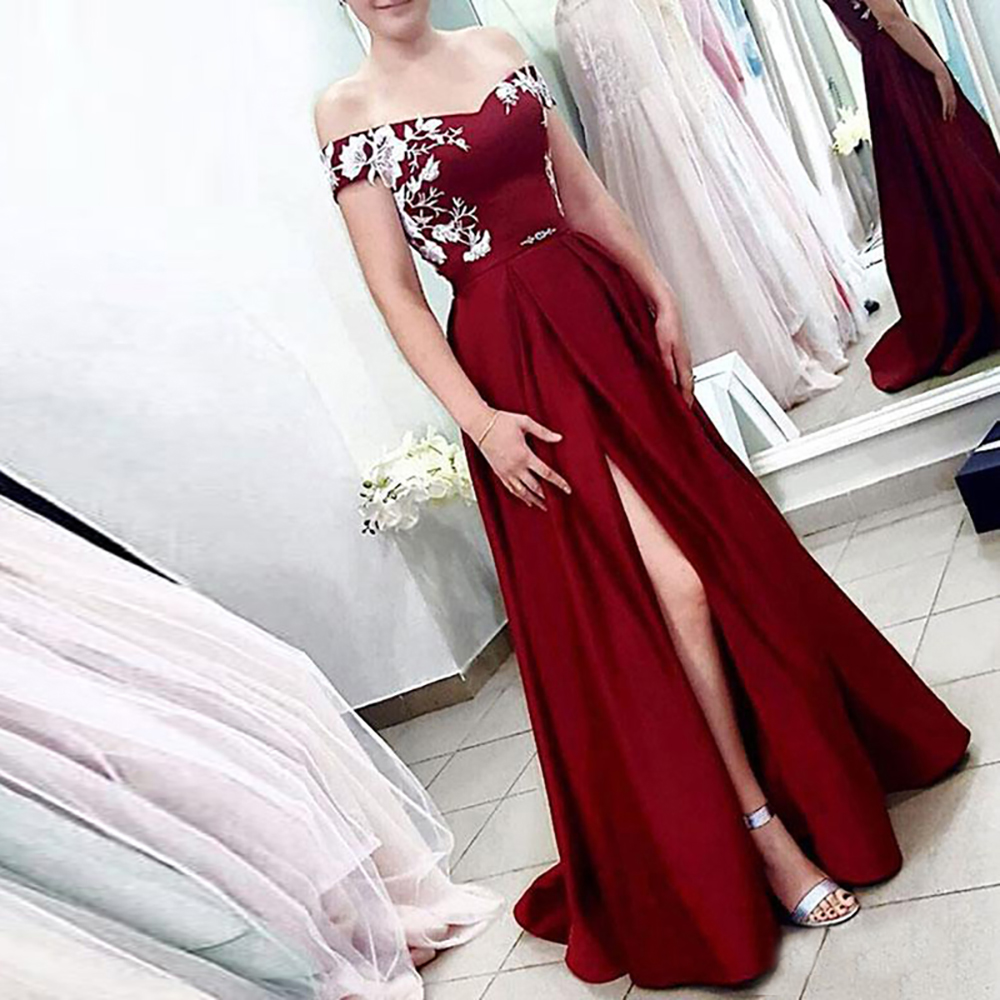 Custom Evening Dresses Floor-Length Prom Party Gown Sleeveless Applique Formal Dress Off-Shoulder V-Neck Satin Thigh-High Slits