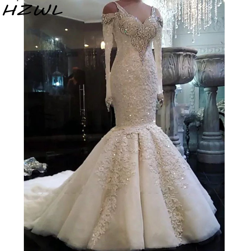Vintage Mermaid Wedding Dresses With Long Sleeve Luxury Crystals Lace Bridal Wedding Gowns with Lace Appliques Bride Dress, White
Vintage Mermaid Wedding Dresses With Long Sleeve Luxury Crystals Lace Bridal Wedding Gowns with Lace Appliques Bride Dress, White