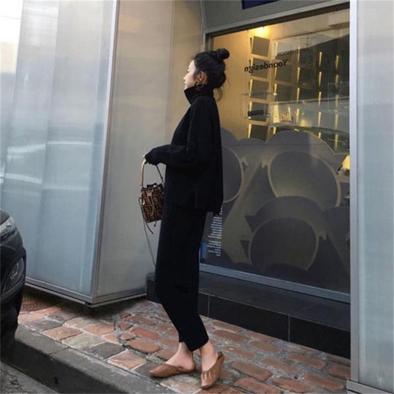 Women's Knitted Suits Autumn Winter Knitted Pants+Loose Thick Turtleneck Sweaters Wide Leg Pants Trousers Two-piece Set T200916