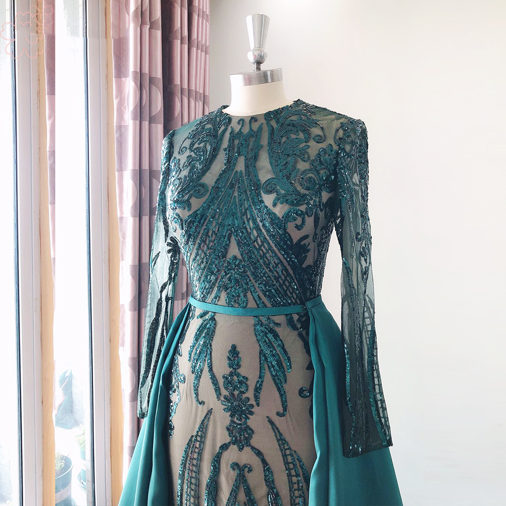 2021 Arabic Dubai Mermaid Formal Evening Dresses With Detachable Train Appliques Glitter Sequins Women Elegant Long Sleeves Prom Party Gowns